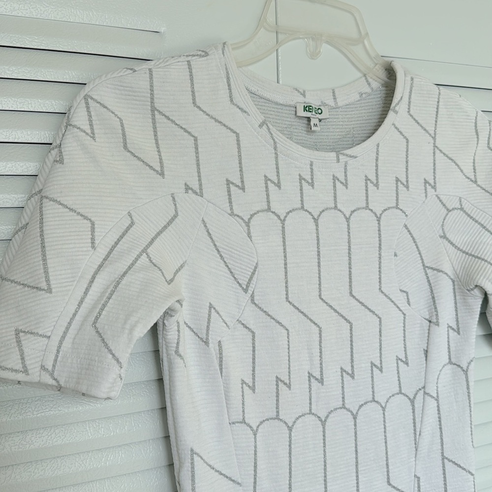 KENZO Paris Dress, Size M, White & Silver Cotton Ribbed Abstract Glitter Dress - Picture 5 of 13